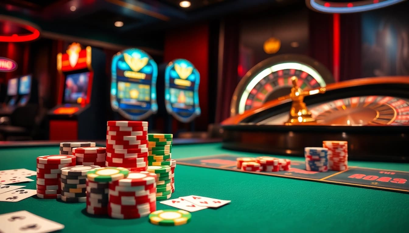 Experience the excitement of home eejl with an elegant casino scene featuring lively tables, cards, and chips.