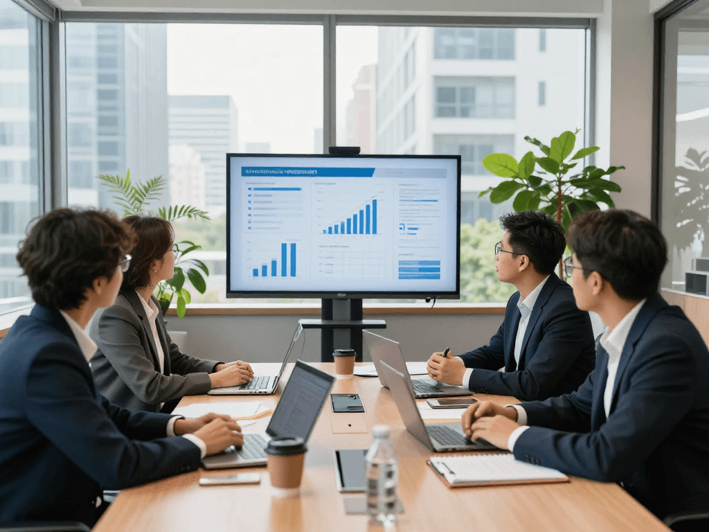 Dynamic team meeting scene focused on data presentation in a business consulting office, highlighting the Startseite of expert solutions.