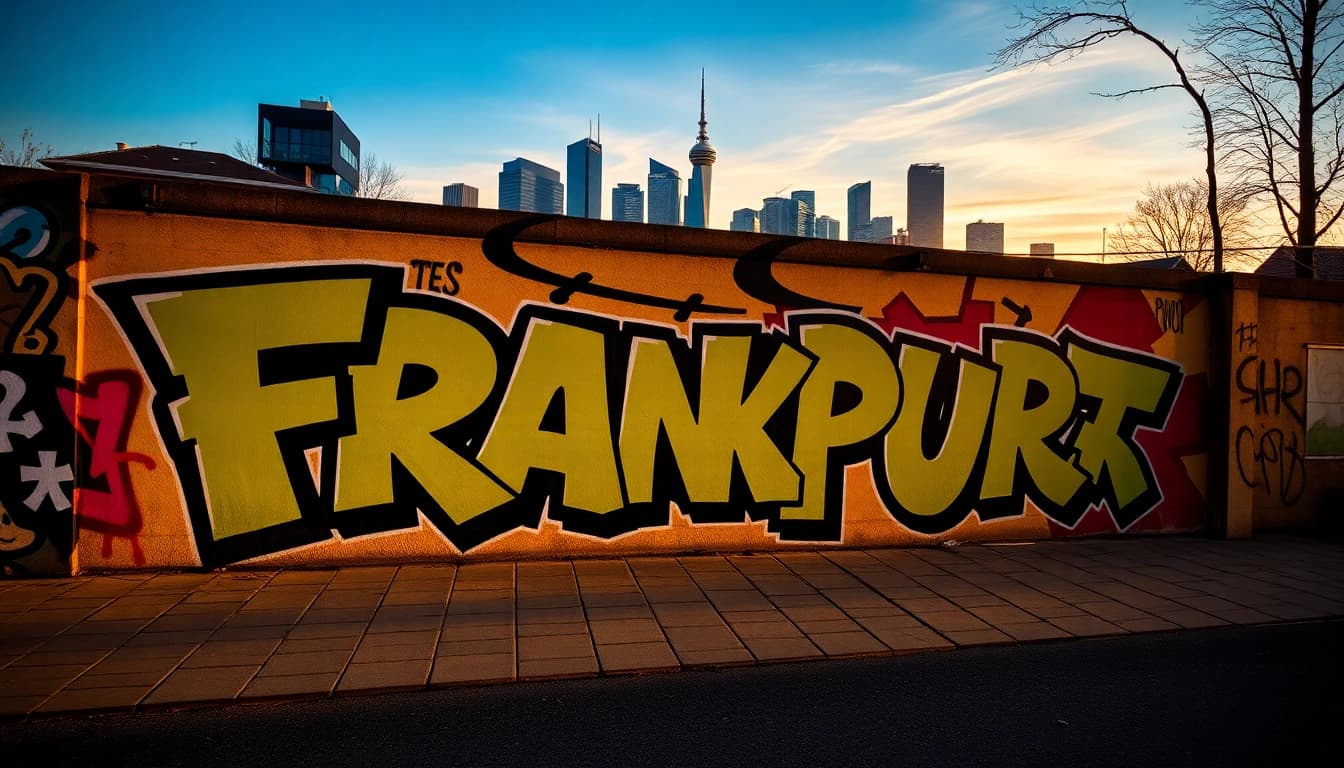 Entdecke beeindruckendes Graffiti Frankfurt bei Sonnenuntergang, das die Stadt zum Leben erweckt.