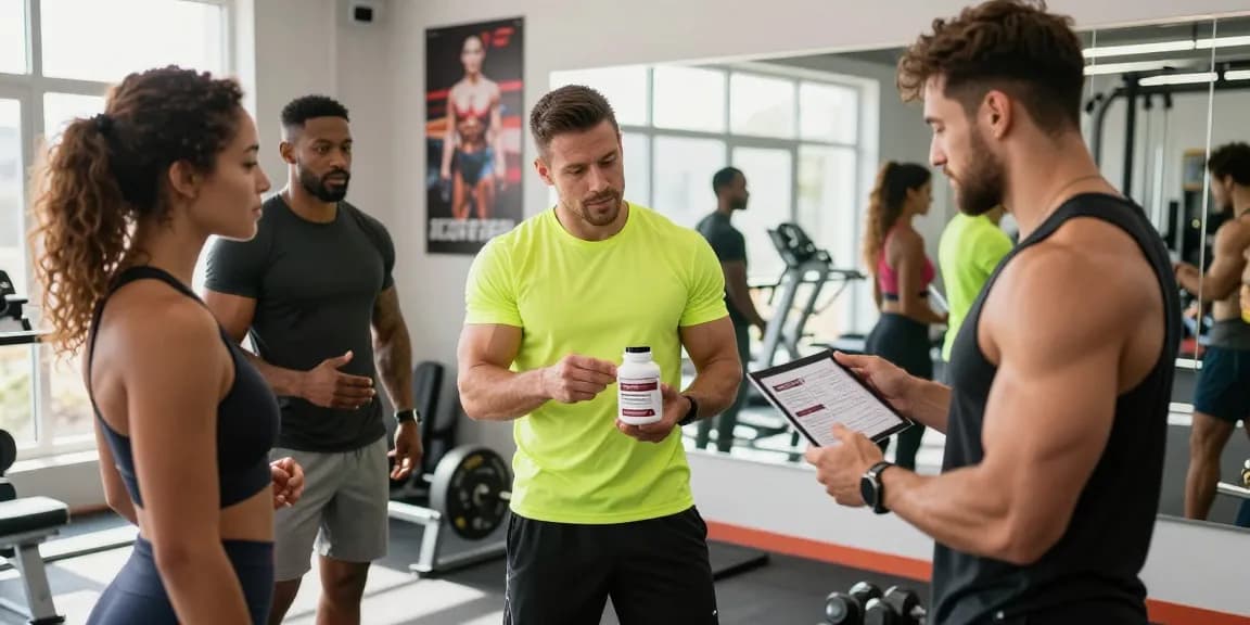 Engaged athletes at Anabolika Shop discussing anabolic steroids in a modern gym environment.