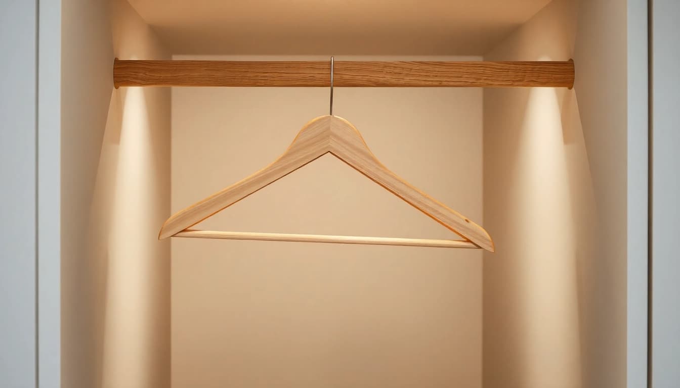 Kleiderbügel aus Holz, präsentiert in stilvollem Setting, ideal für moderne Garderoben.