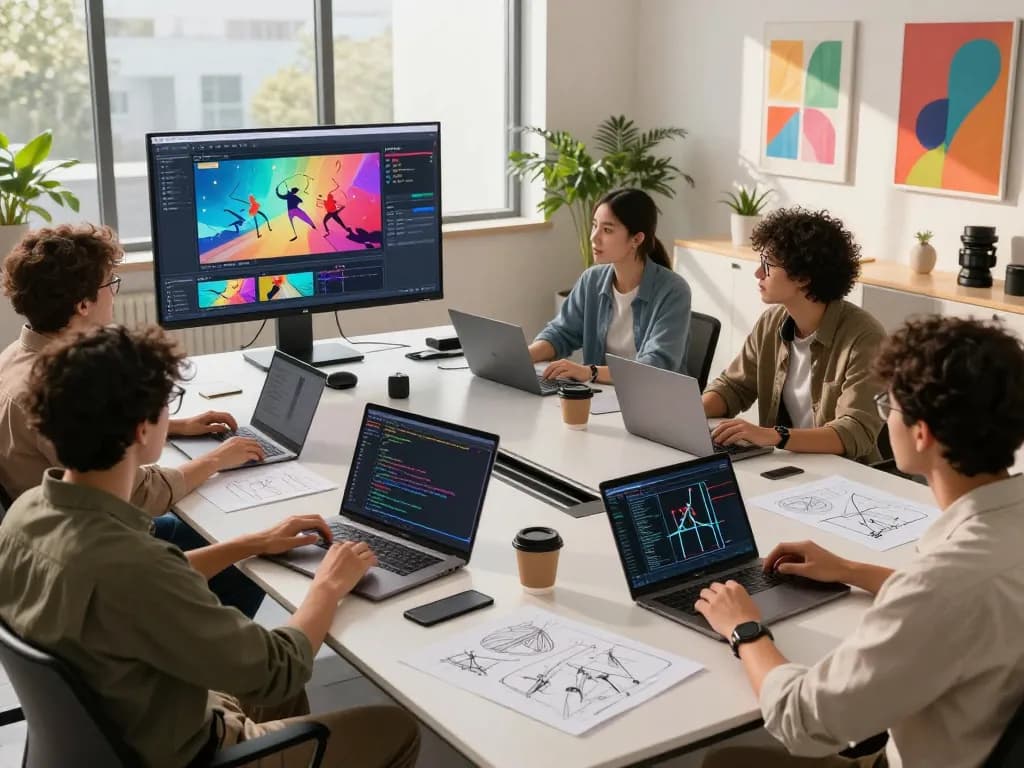 Collaboration in a modern animation studio showcasing motion control ai technology with dynamic visualizations and creative professionals.