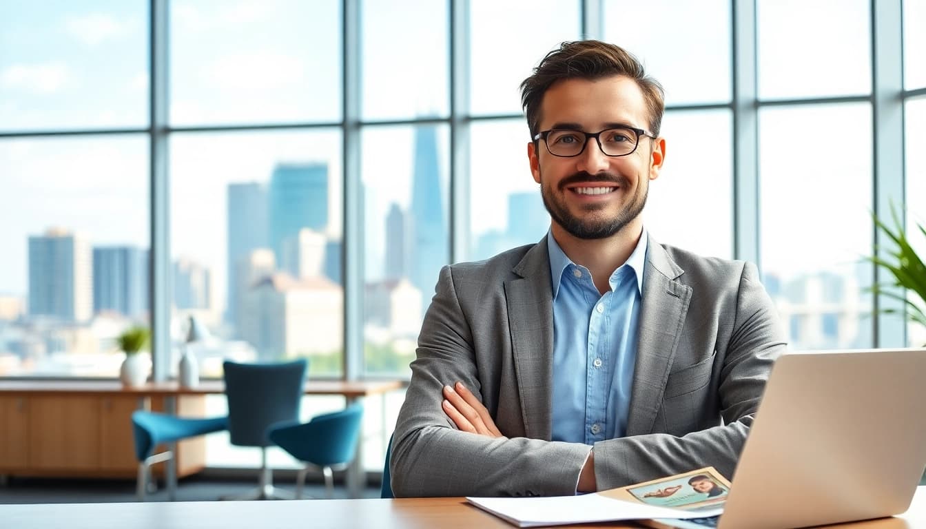 Immobilienmakler Frankfurt Dornbusch im modernen Büro, professionell und einladend.