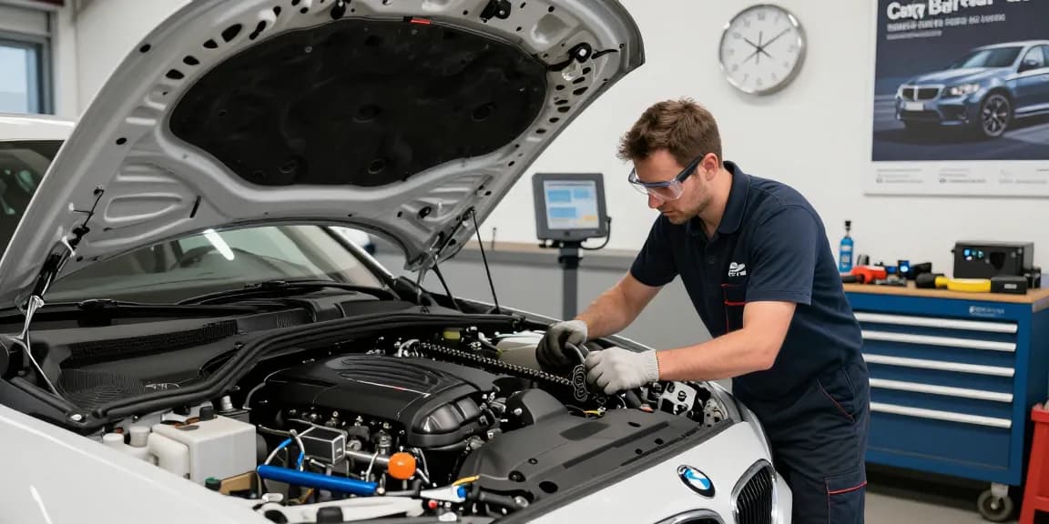 BMW Steuerkette Wechseln Hannover - Mechaniker prüft die Steuerkette in einer Kfz-Werkstatt.