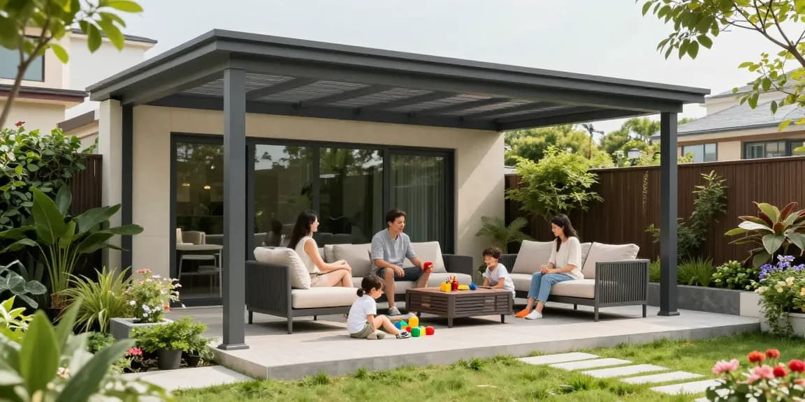 Freistehende Terrassenüberdachung in einem modernen Garten mit spielenden Kindern und stilvollen Möbeln.