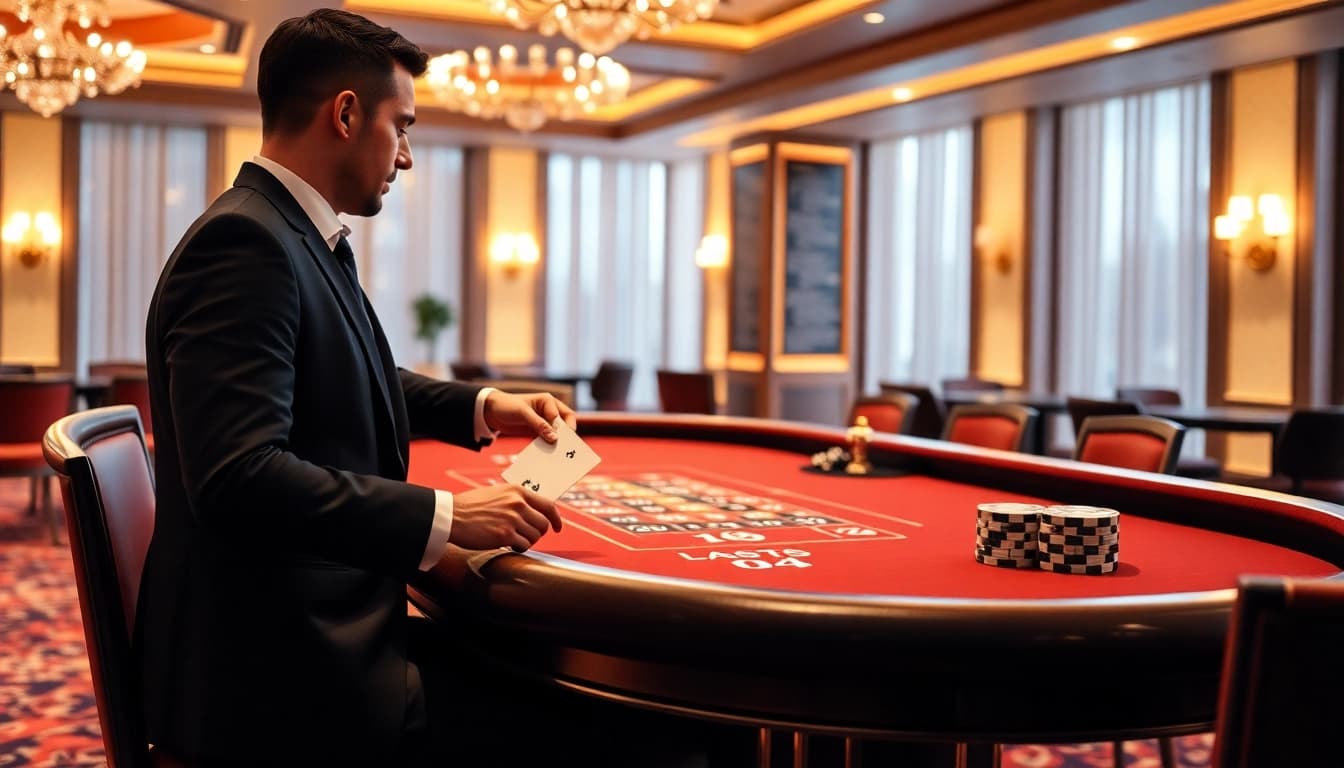 Spiele im Casino ohne Limit mit luxuriösem Ambiente und einem Spieler am Tisch.