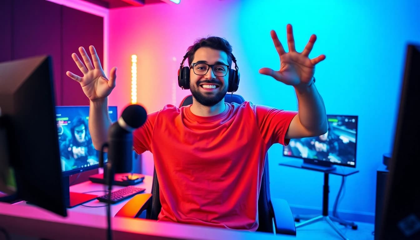 Twitch Streamer Österreich beim Gaming in einem modernen Setup mit bunten Lichtern.