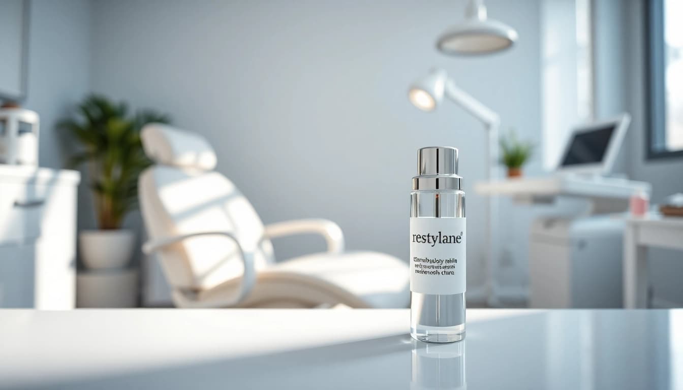 Das restylane-Vial auf einem Behandlungstisch in einer professionellen Dermatologie-Praxis.