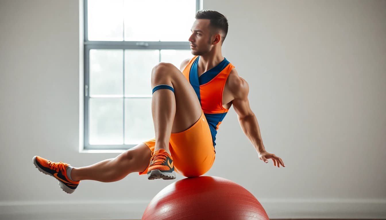 Sportler balanciert mit kniebandage auf einem Gymnastikball für optimale Stabilität.