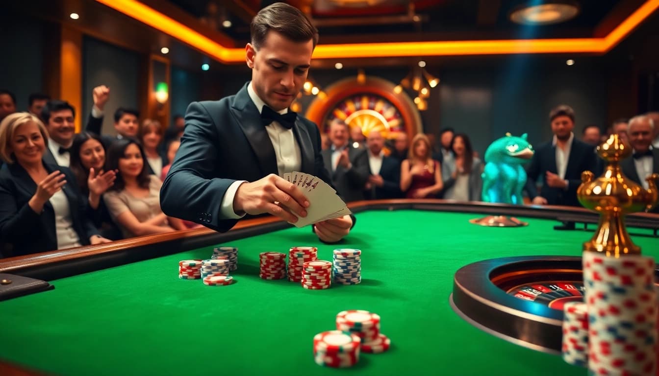 Exciting casino atmosphere featuring 33WIN with poker chips and a roulette wheel in the spotlight.