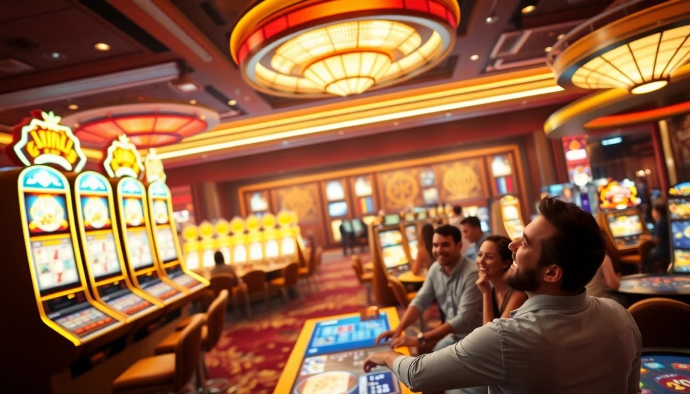 Engage with the thrilling online casino schweiz experience, showcasing vibrant gaming tables and slot machines.