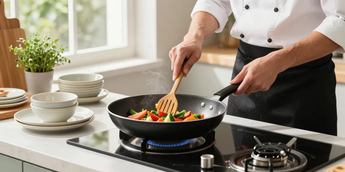 Kochen mit einer PTFE-freien Pfanne in einer hellen, einladenden Küche