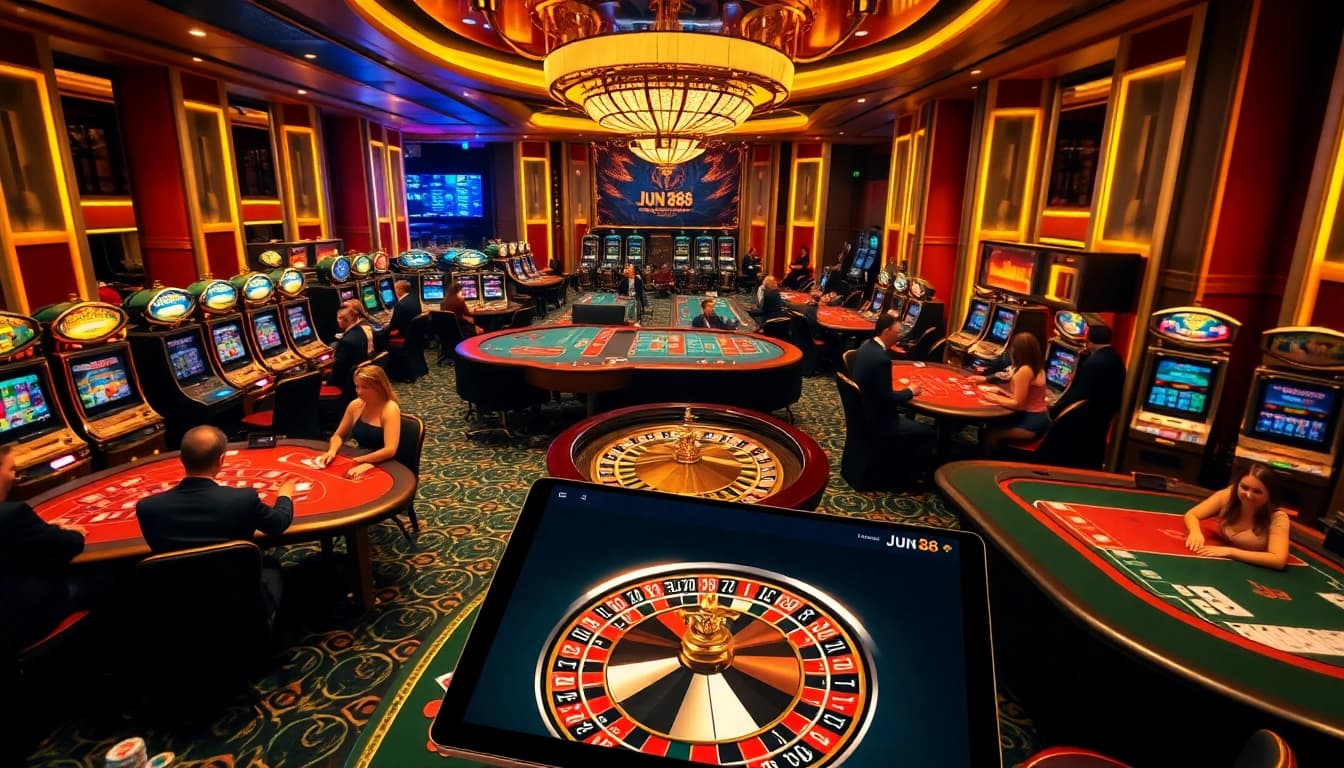 Gambling excitement at Jun 88 with poker tables and vibrant slot machines.