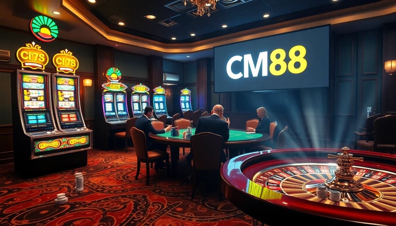 Players embrace excitement at the CM88 poker table with vibrant chips and cards.