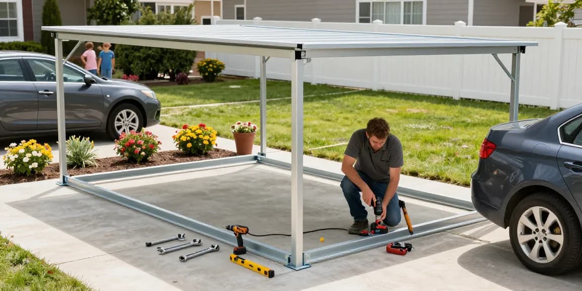 Hochwertiger Carport wird montiert, um Autos vor Witterung zu schützen.