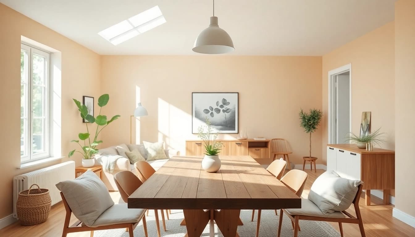 Raumgestaltung eines modernen Wohnraums mit natürlichen Lichtquellen und harmonischer Farbpalette, die Gemütlichkeit ausstrahlt.