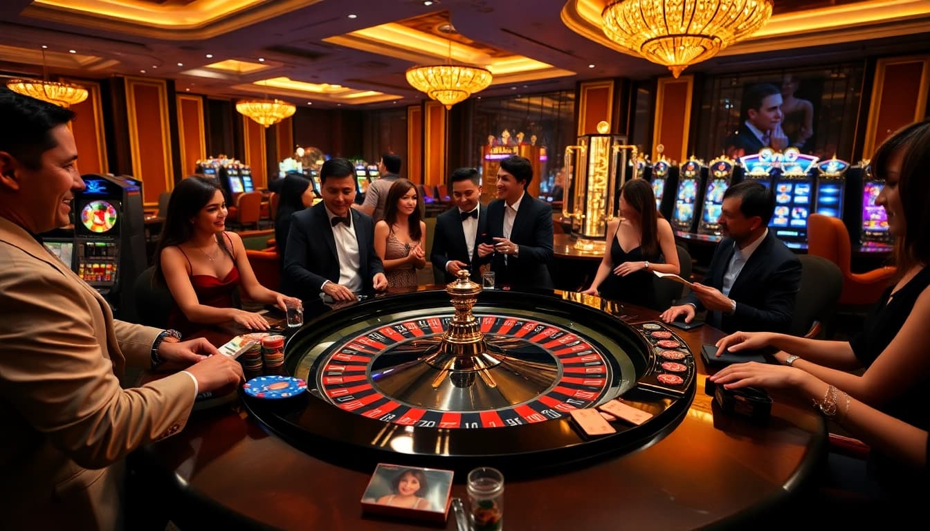 Người chơi tham gia các trò roulette kịch tính tại https://luck8.net, thể hiện sự phấn khích và sang trọng trong một casino.