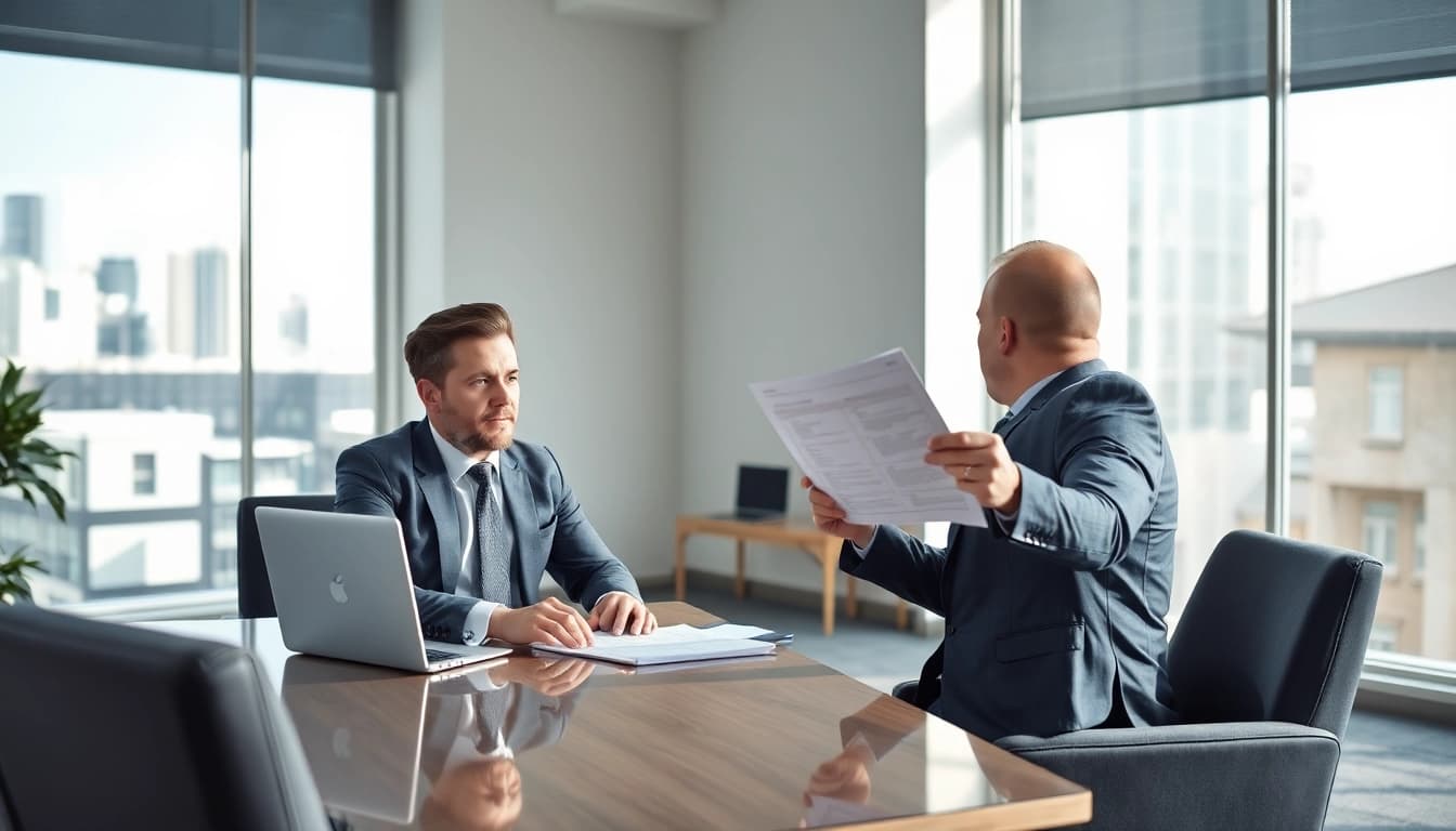 Professioneller Headhunter für Vertrieb führt Bewerbungsgespräch in modernem Büro mit potenziellem Kandidaten.