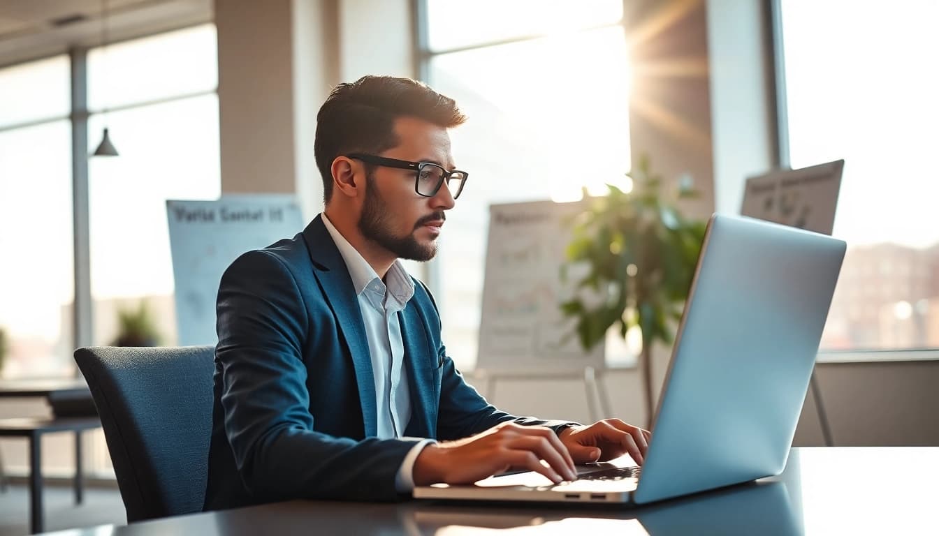 Headhunter IT arbeitet konzentriert mit Laptop in modernem Büro.