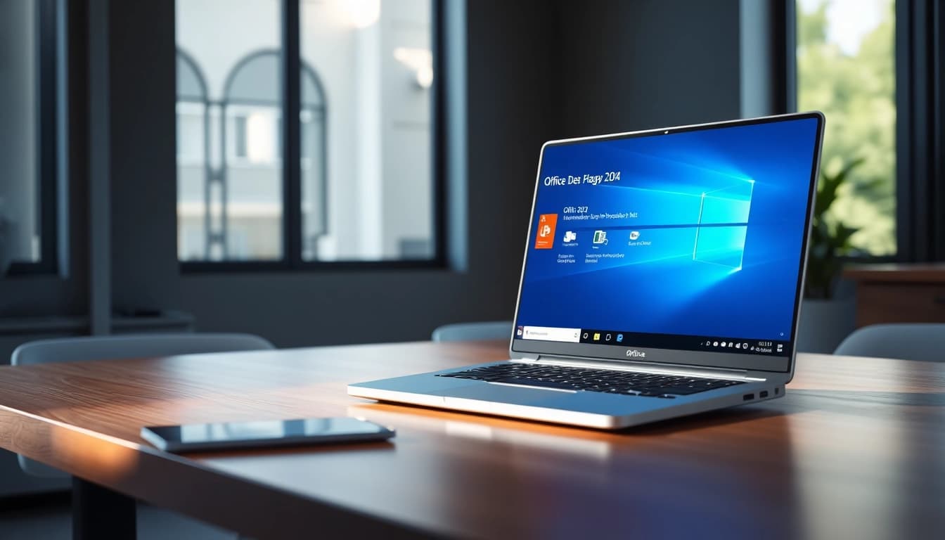 Zeigen Sie den einfachen Zugang zum Office 2024 Professional Plus Download deutsch auf einem Laptop in einer hellen Büroumgebung.