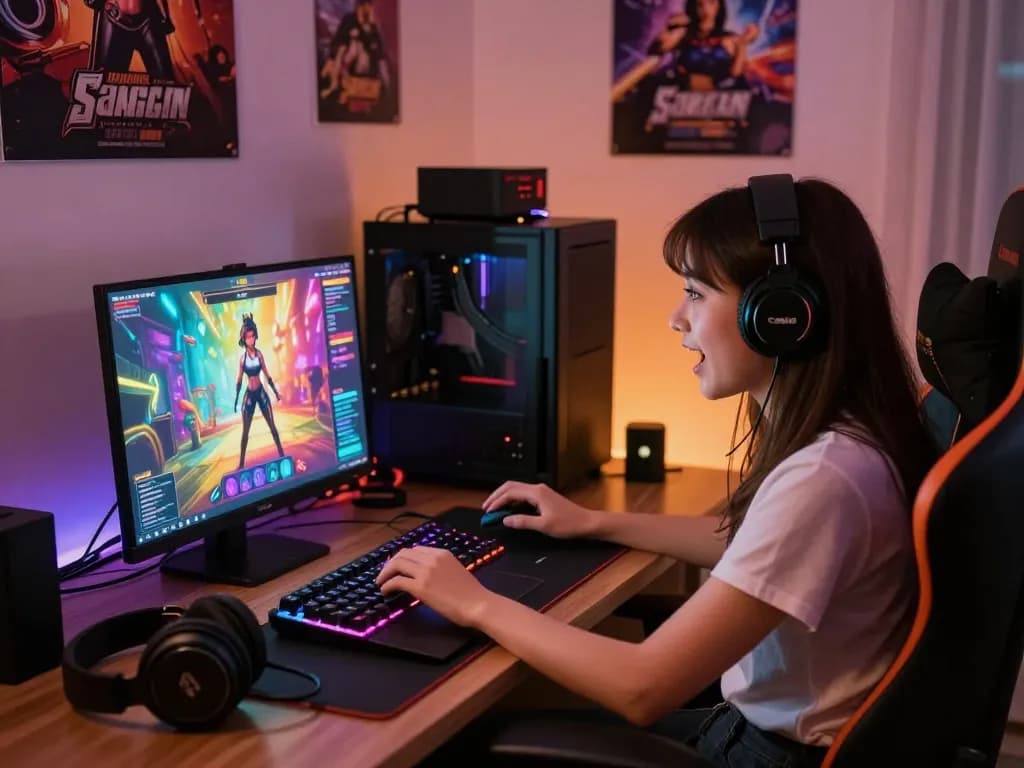 Player enjoying an interactive sex game online on a gaming laptop, vibrant visuals, and immersive atmosphere.