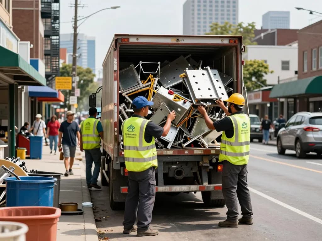 Effizienter Schrottabholung-Service in Aktion, Schrottsammler lädt metallische Abfälle auf.