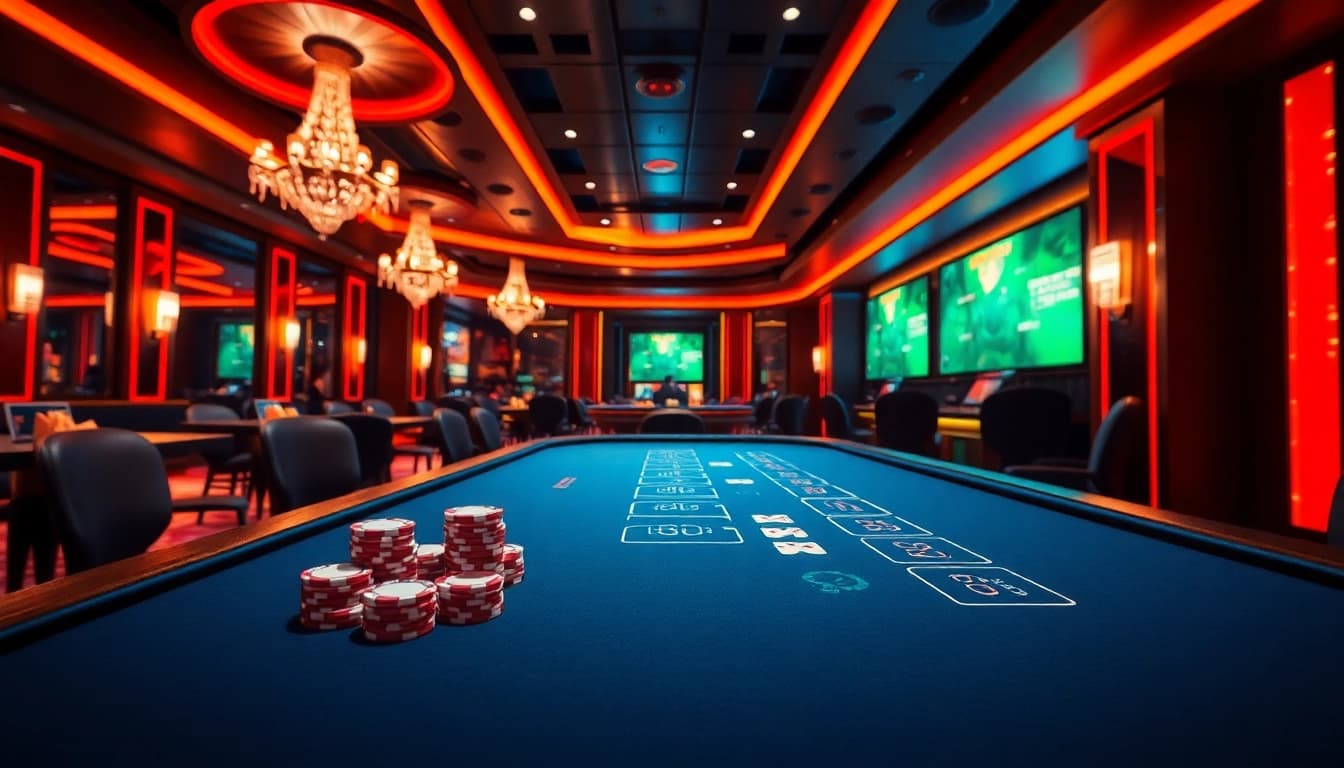 Spielen Sie casino online an einem eleganten Tisch mit Farbenspiel von Chips und Karten.