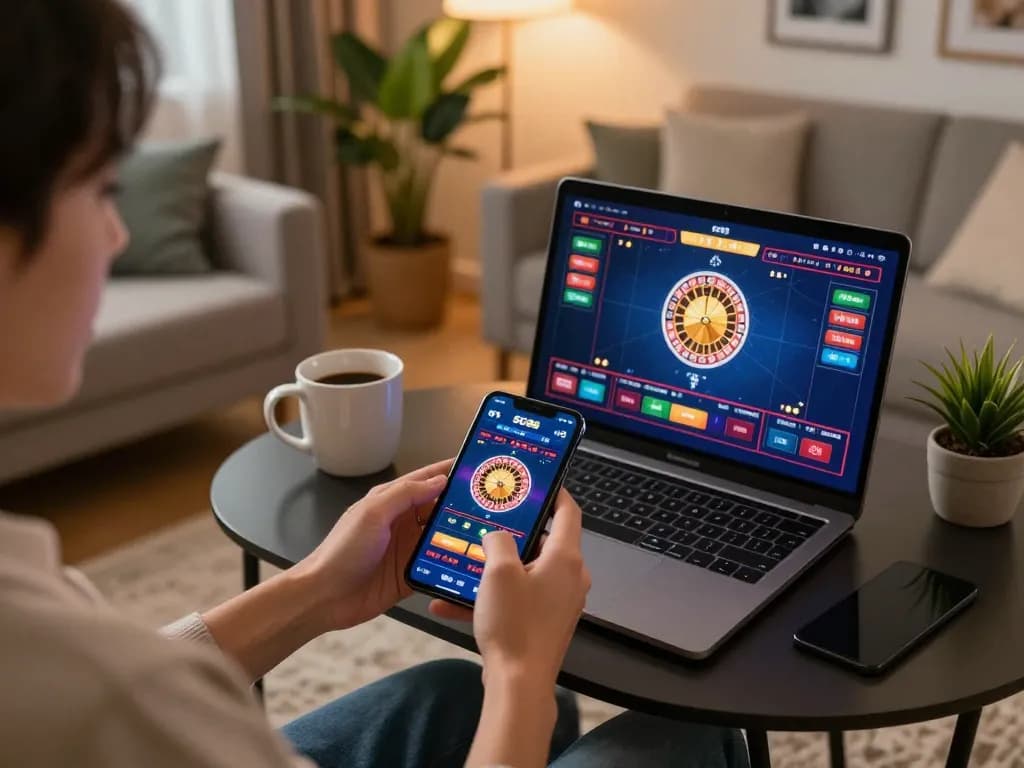 Player engaged with SC88 app for live betting in cozy home setting, smartphone and laptop present.