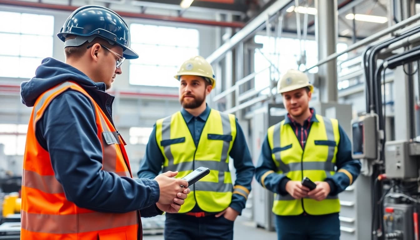 Experienced technicians performing Prüfung ortsveränderlicher elektrischer Betriebsmittel with safety gear and equipment.
