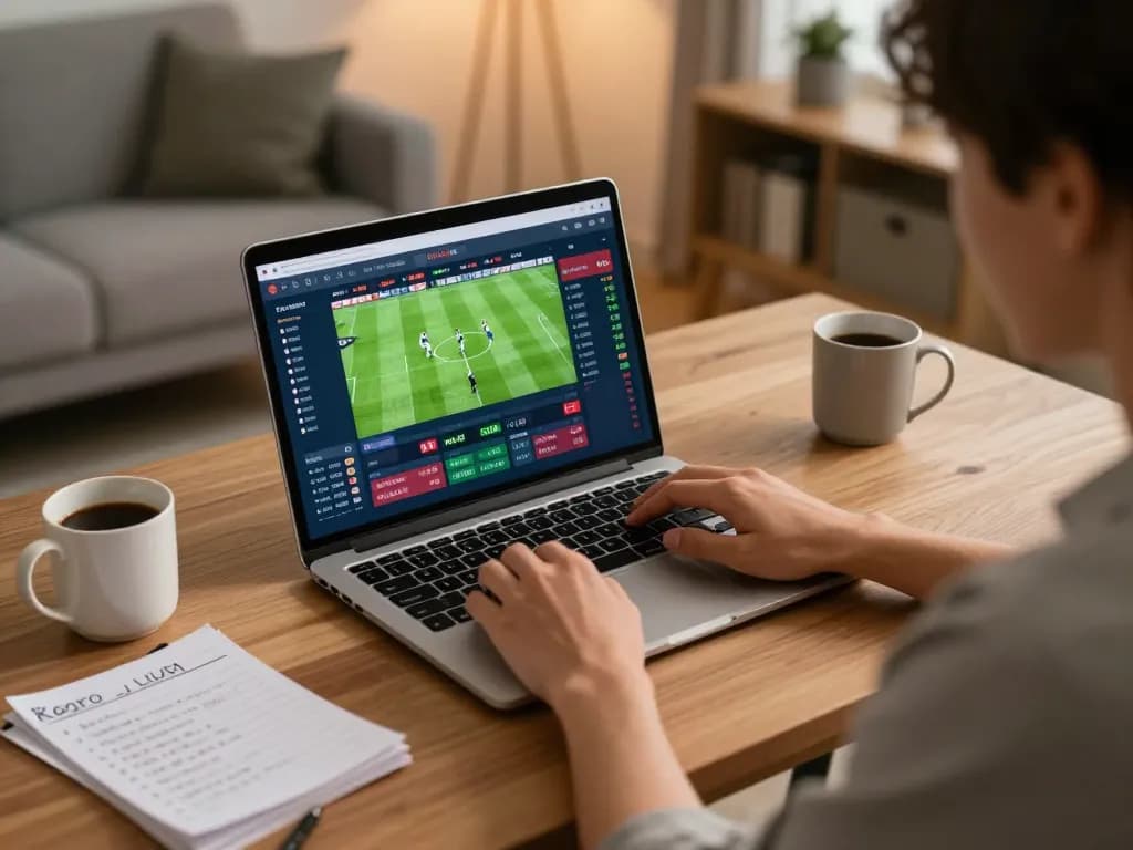 Engaging in kèo nhà cái online betting strategy at a stylish home office during live sports events