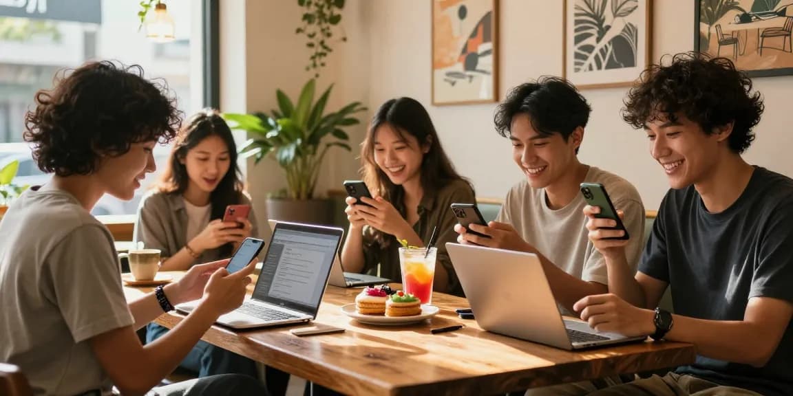 Friends at a café interacting with rokok88 content while enjoying vibrant drinks.