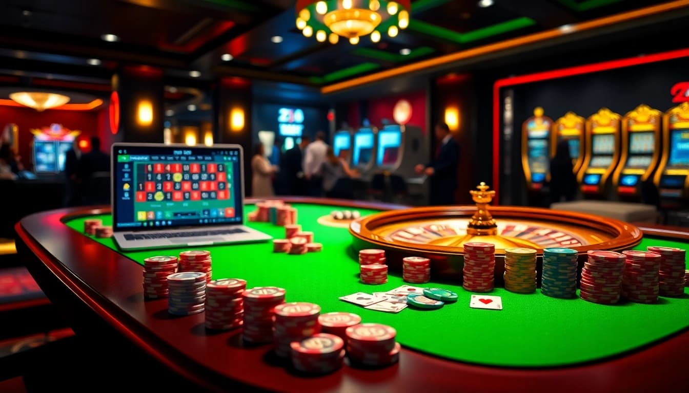 Gambling at Nhà cái ZB368 with vibrant casino tables, chips, and an online betting display.