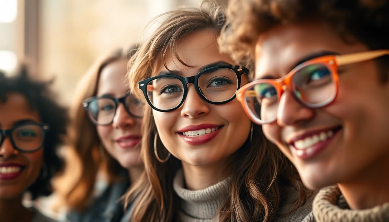 Stylish individuals showcasing Brille Nürnberg designs in a vibrant urban setting.