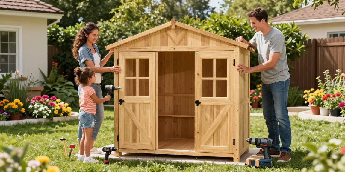 Gartenhaus kaufen bei McGarden24: Familie baut Holz-Gartenhaus im sonnigen Garten zusammen.