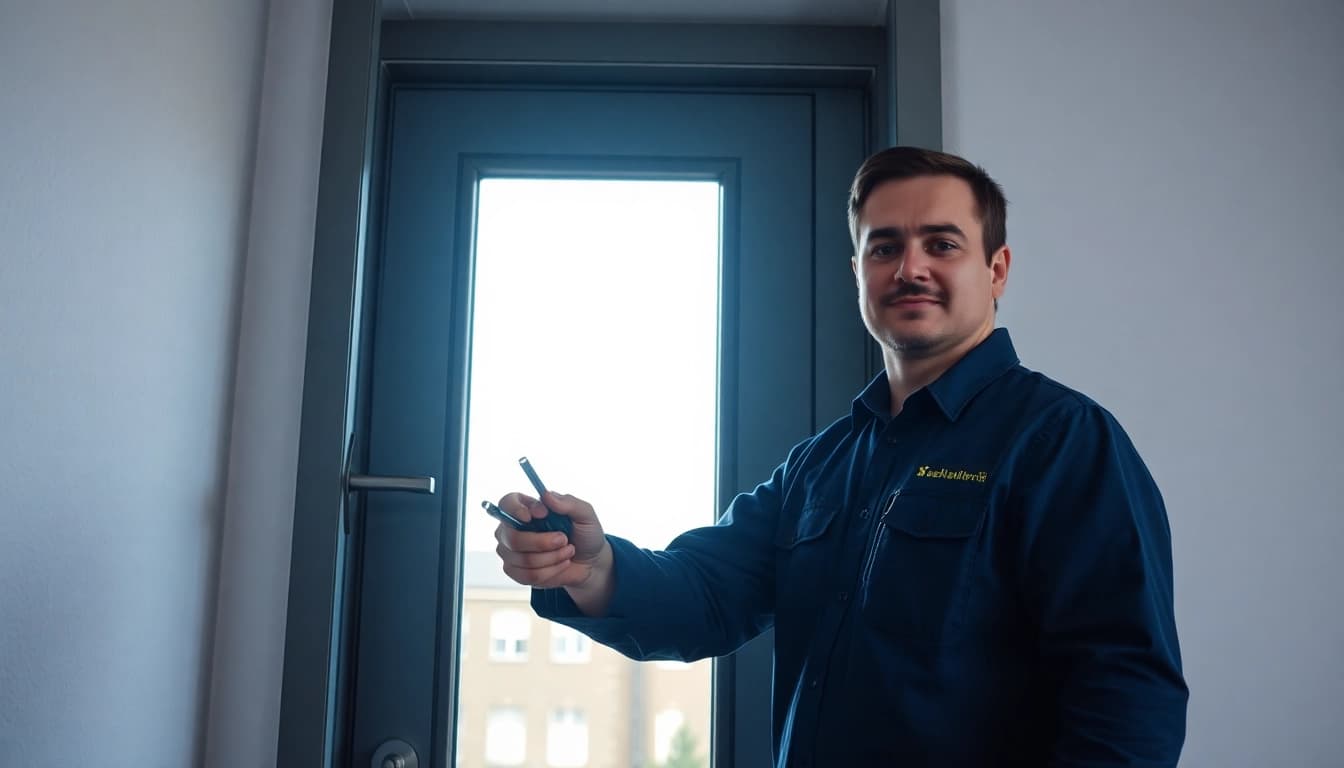 Schlüsseldienst Berlin-Techniker öffnet eine Tür mit modernen Werkzeugen ohne Schäden.