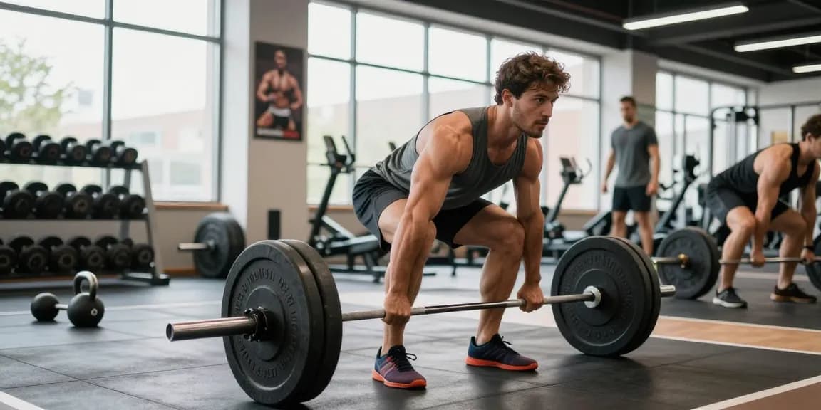 Im Selliza Shop: Athlet beim Deadlifting in hellem modernen Fitnessstudio, motivierende Atmosphäre.
