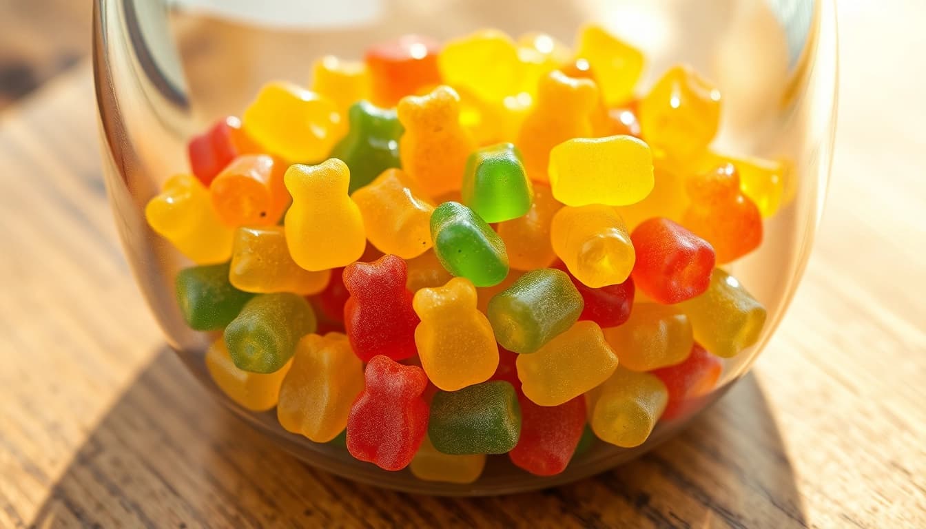 Farbige Thc gummibärchen in einem Behälter, die den Cannabis-Geschmack und die Frische hervorrufen.
