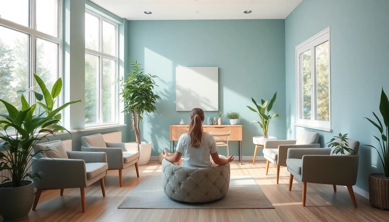 Suchttherapie Raum mit beruhigenden Farben und angenehmer Atmosphäre für verschiedene Therapiemethoden.