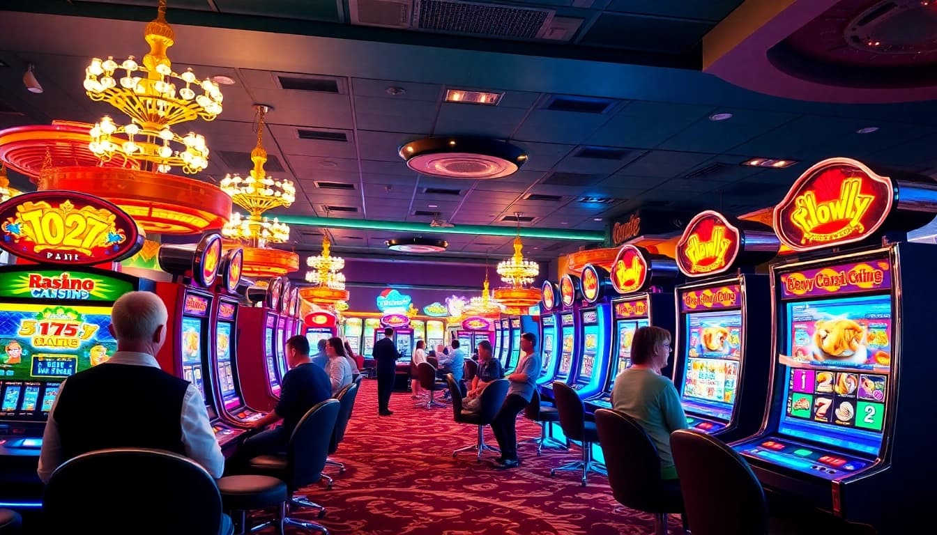 Spielen Sie casino ohne anmeldung mit aufregenden Spielautomaten und Spielern in einem hellen Casino.