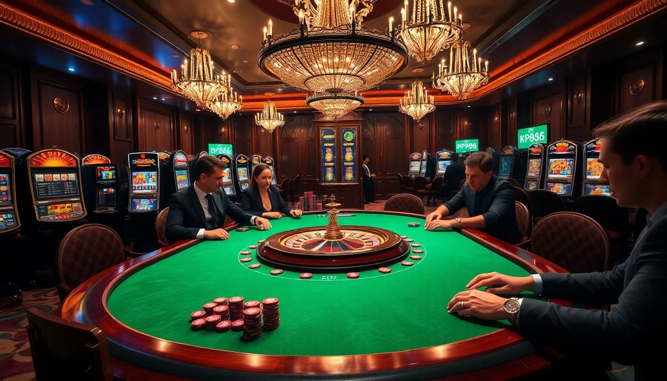 Experience the excitement of kp88 casino games with elegant poker tables and thrilling slot machines.