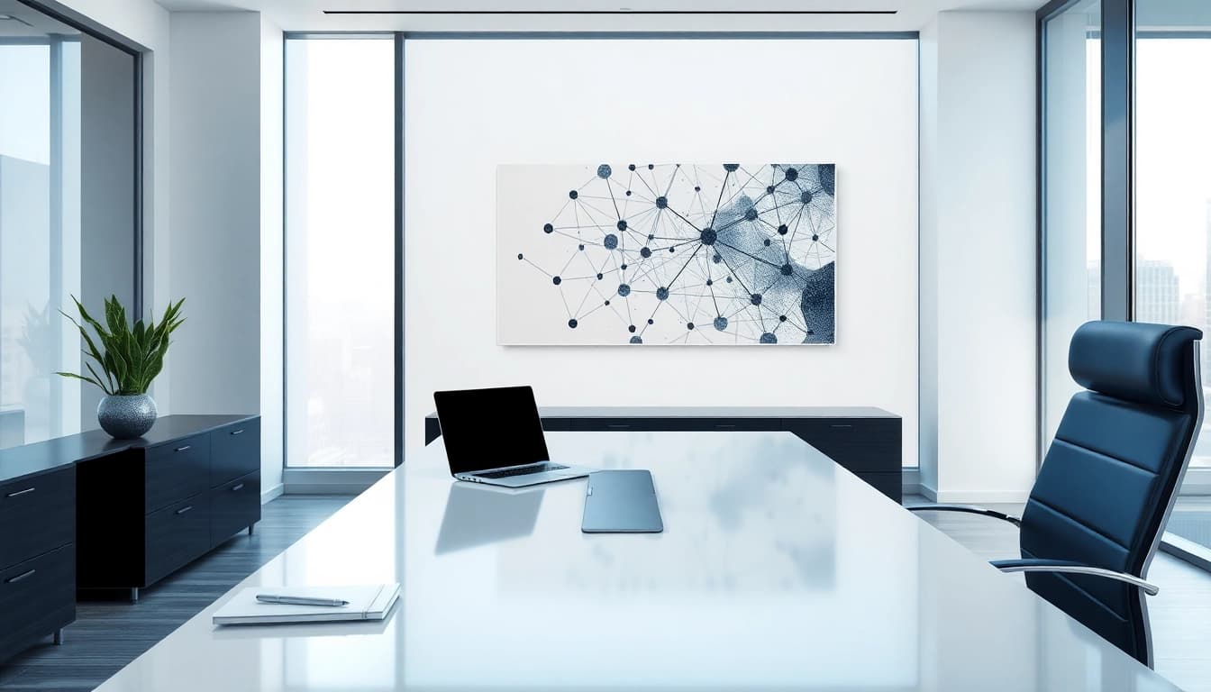 Headhunter Berlin in a modern office setting, showcasing a sleek desk, laptop, and networking themes.