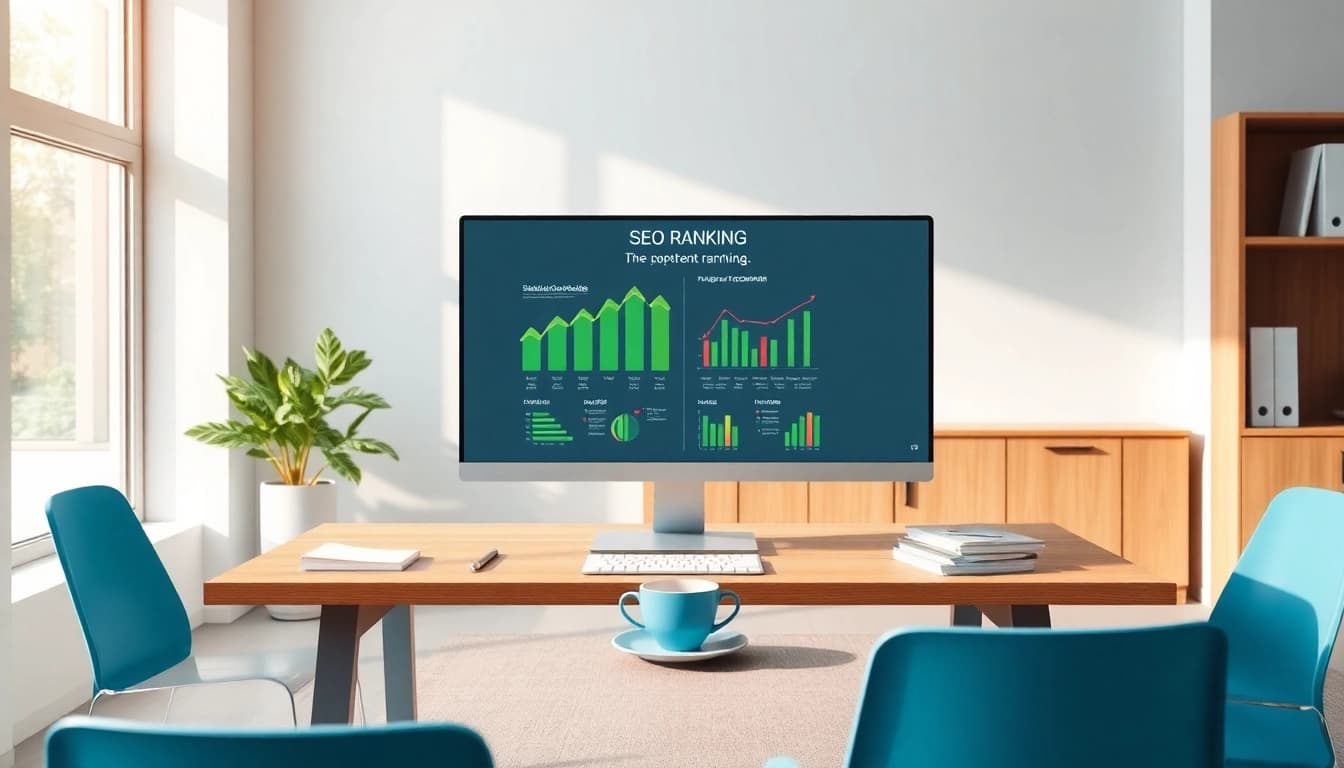 Grafik eines modernen Büro-Setups, das das SEO-Ranking visualisiert und eine kreative Arbeitsumgebung präsentiert.