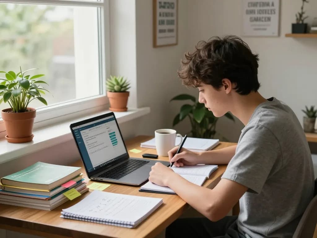 Student, der aktiv mit einem Laptop und einer Hausaufgabenhilfe-App in einer gemütlichen Studier Ecke beschäftigt ist.