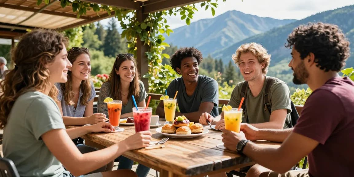 Group enjoying refreshments at rokok88 café with mountain view, highlighting adventure and camaraderie