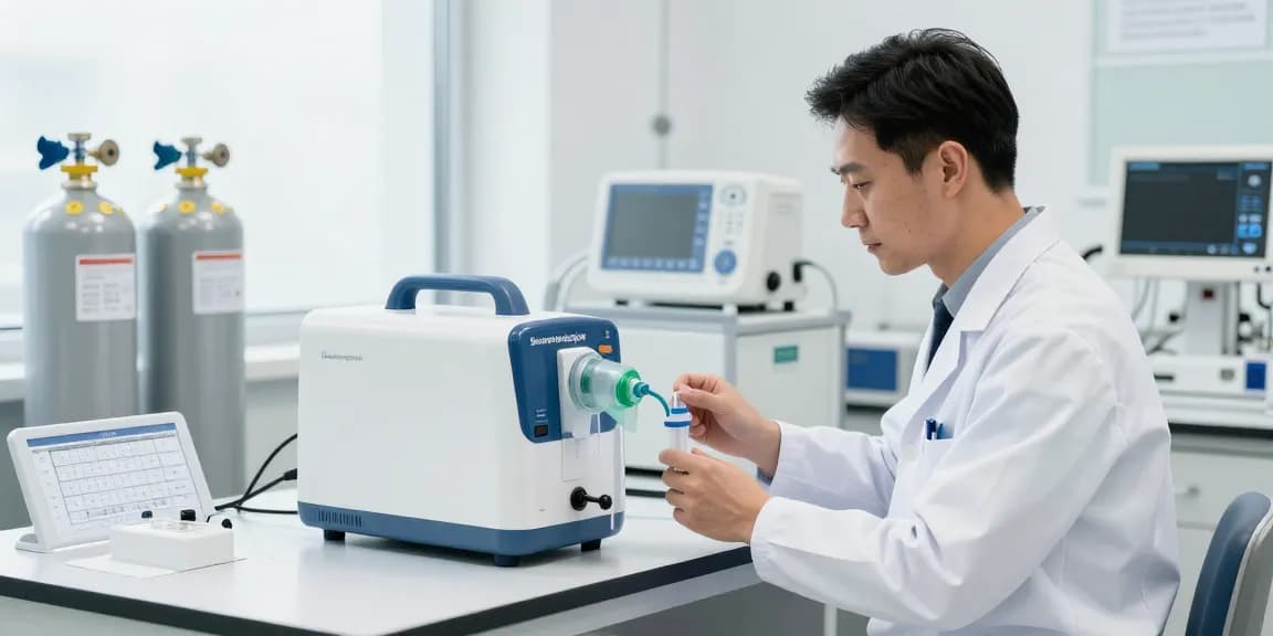Präziser Sauerstoffanalysator Konzentrator wird von Techniker in medizinischer Umgebung verwendet.