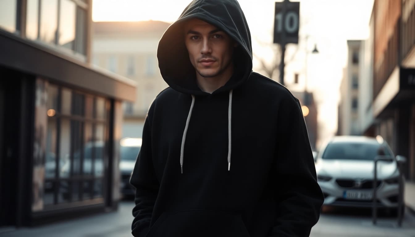 Model trägt einen angesagten streetwear hoodie mit einzigartigem Design auf der Straße.