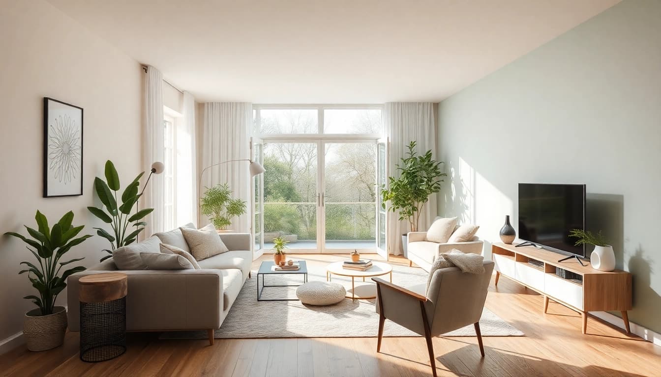 Innovative Raumgestaltung mit einem einladenden Wohnzimmer, das in sanften Pastellfarben und stilvollen Möbeln gestaltet ist.