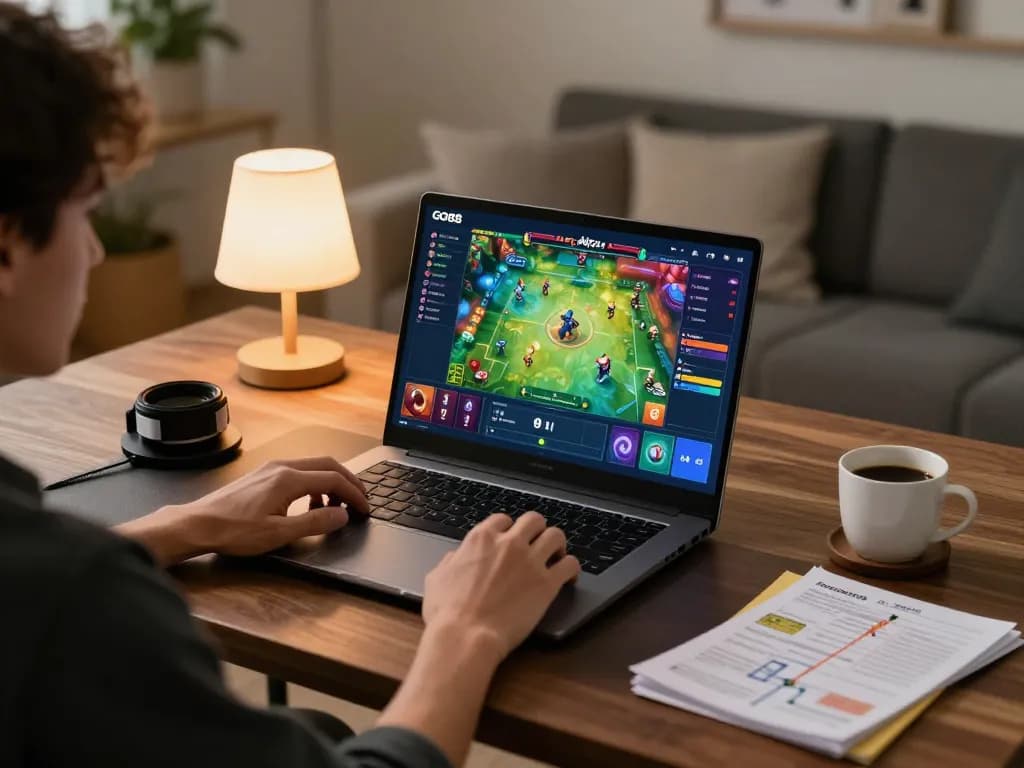 Player engaging in GO88 online gaming, showcasing an interactive card game setup in a cozy home environment with strategic betting notes.