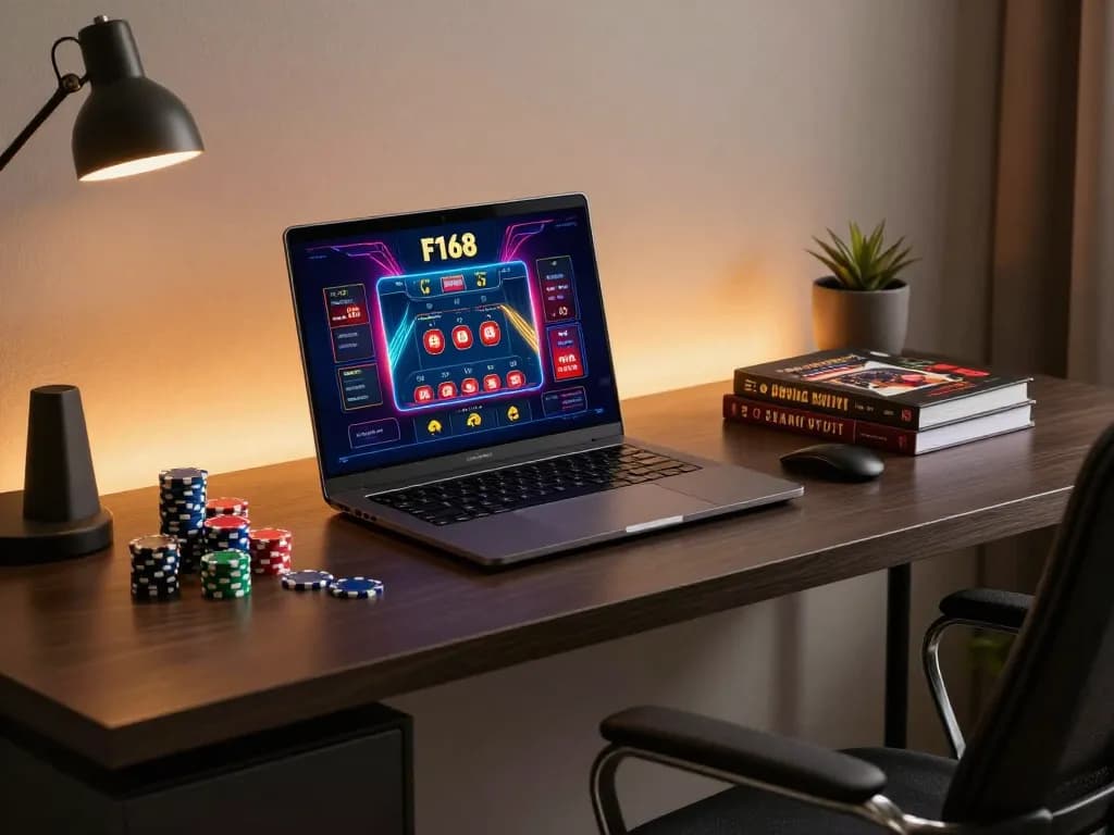 Engaging in online gaming at F168 with a stylish gaming setup and poker strategy books