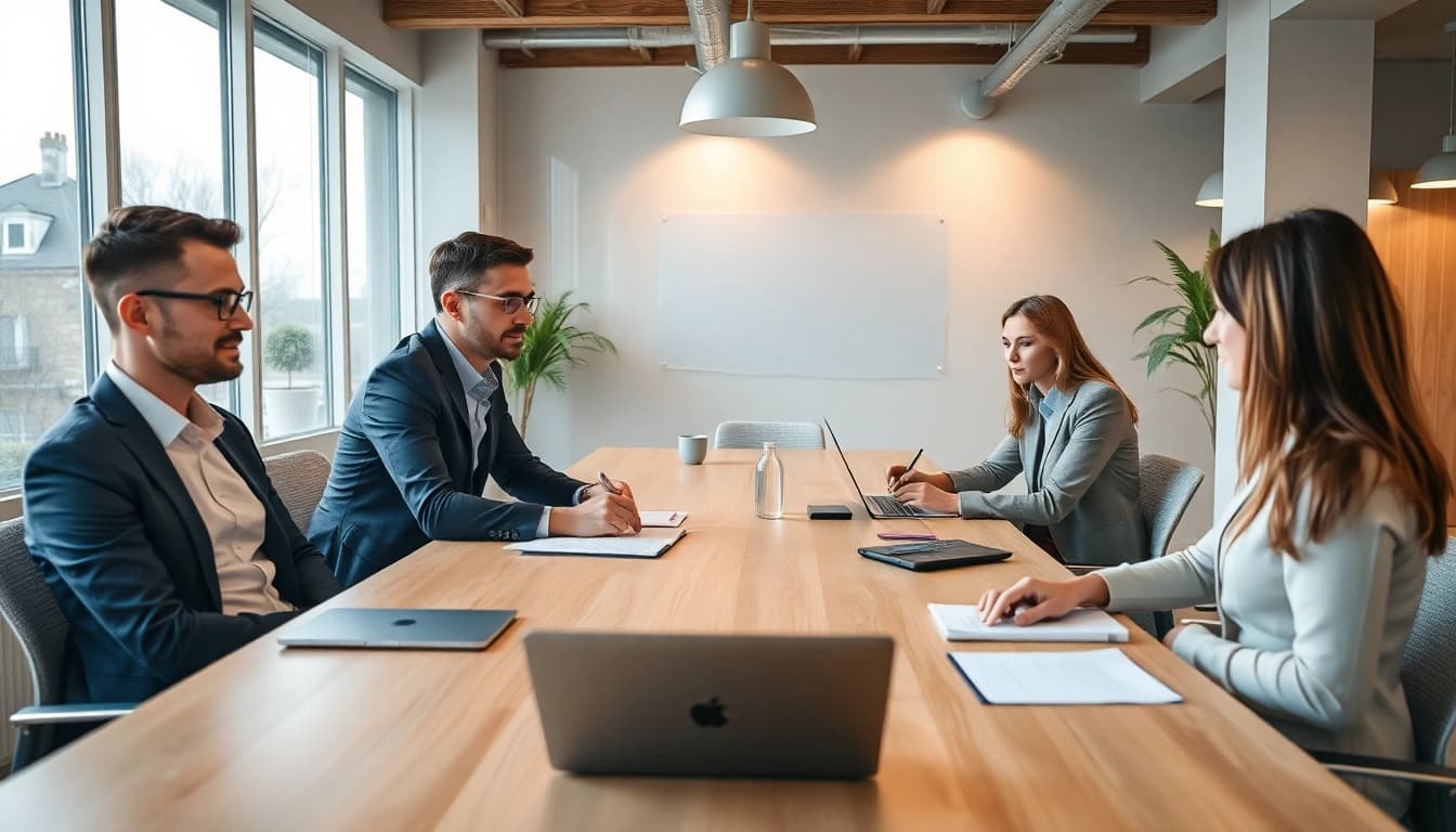 Berater im modernen Büro analysieren Unternehmensberatung Firmen Strategien am Tisch.